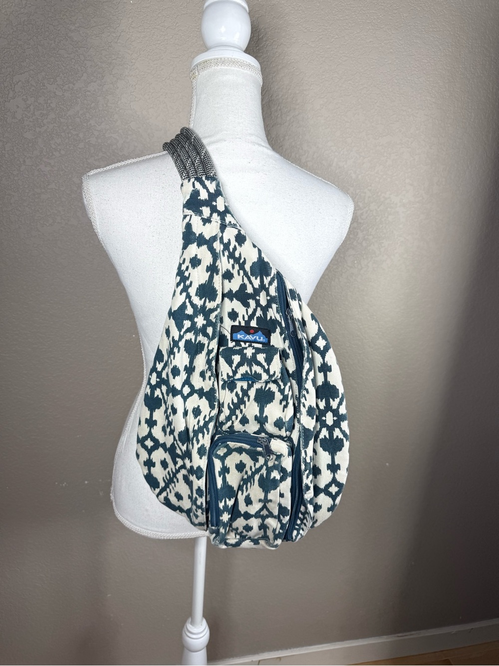 Kavu Teal and White Ikat Rope Sling Backpack